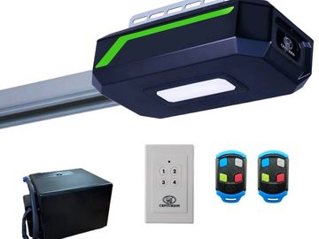 Garage door opener system with remotes and wall control.