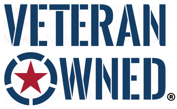 Bold text saying 'Veteran Owned' with a red star in a blue circular design.