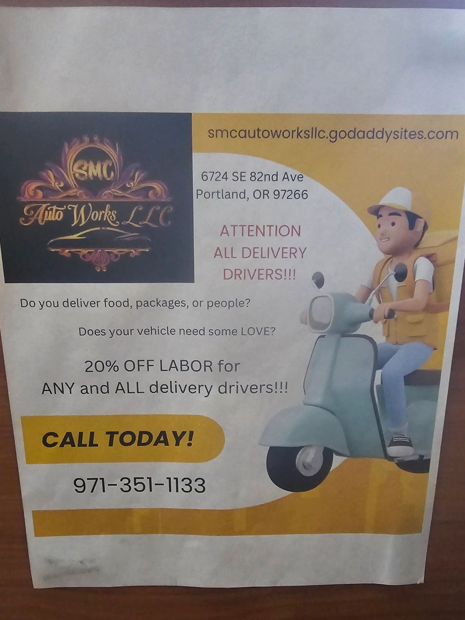 Discount for all delivery drivers just mention this add at time of service.