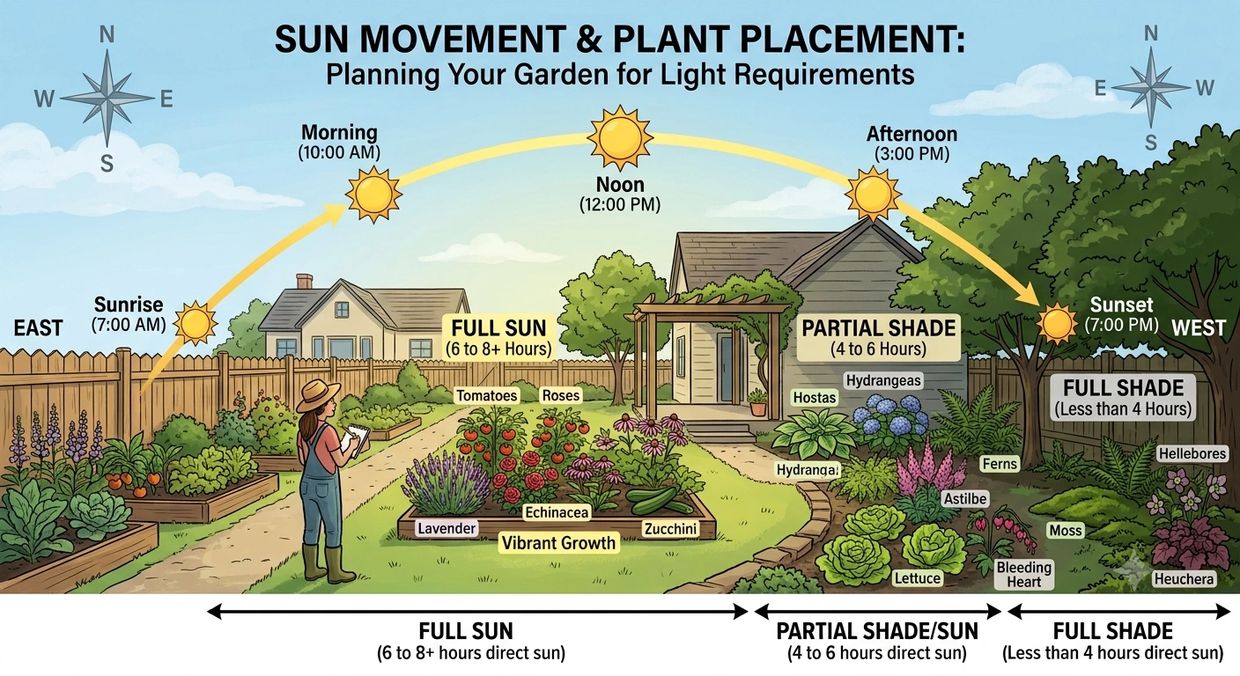 Diagram showing sun movement and ideal plant placement for different light requirements in a garden.