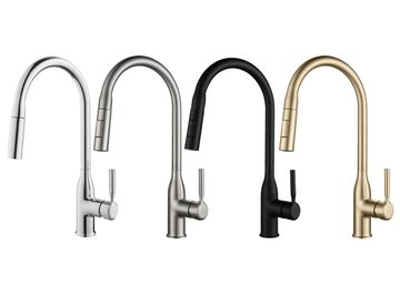 Four kitchen faucets in different finishes.