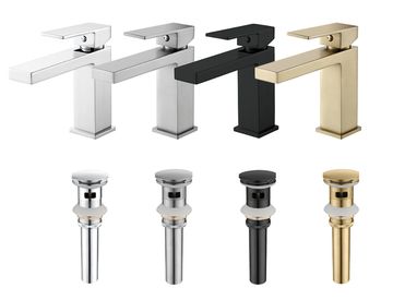 Four modern kitchen faucets in different finishes.