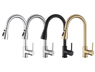 Four kitchen faucets in different finishes.