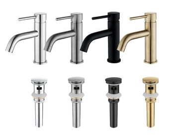 Four modern kitchen faucets in different finishes.
