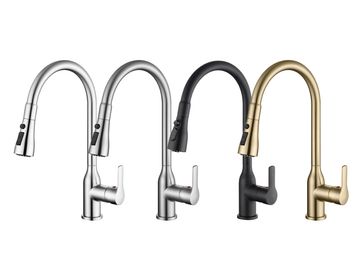 Four modern kitchen faucets in different finishes.