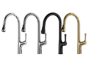 Four modern kitchen faucets in different finishes.