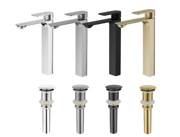 Four modern kitchen faucets in different finishes.