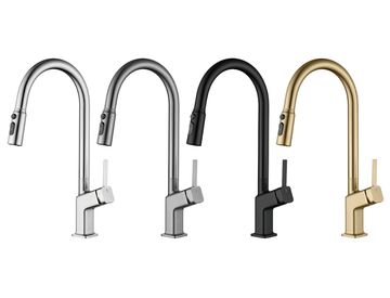 Four kitchen faucets in different finishes.