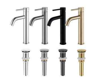 Four modern kitchen faucets in different finishes.