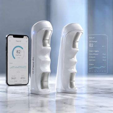 Two sleek white handheld devices with a smartphone displaying health data.