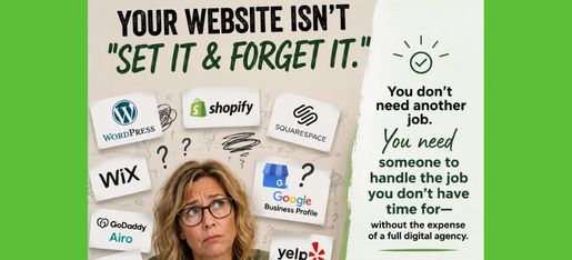 Your website isn't set it and forget it"  Woman with various website and online profile references. 