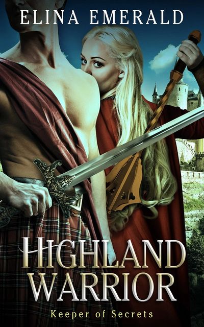 highland warrior in plaid holding claymore, blonde woman in red cloak wielding a mace abbey in back
