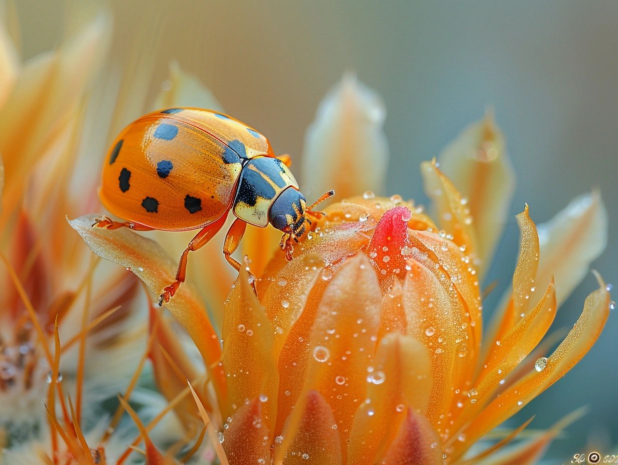 Macro photography of a lady bug, bright colored cactus with flower --chaos 10 --ar 4:3 --stylize 600