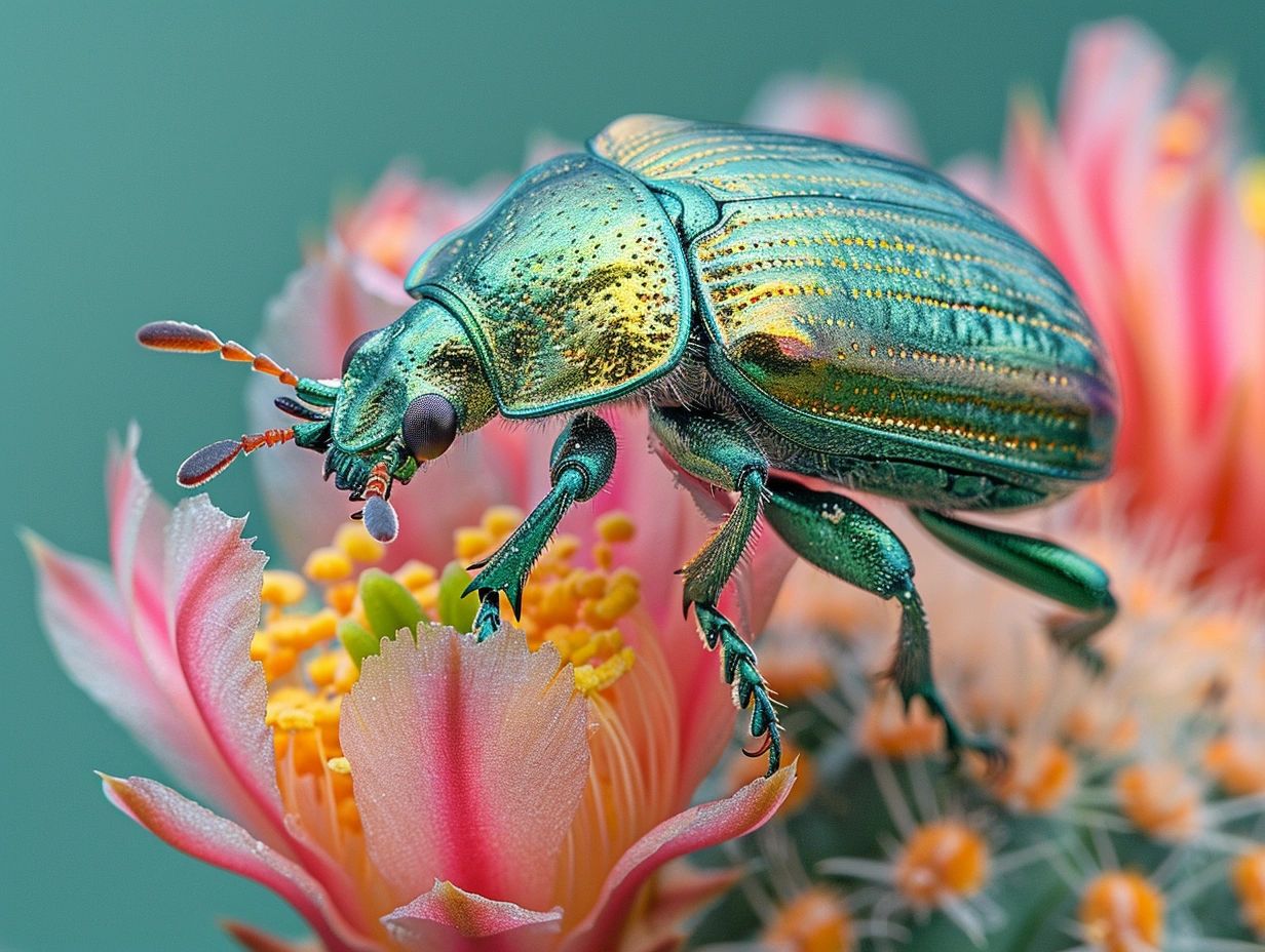 Macro photography of a metallic green June bug with wings open, bright colored cactus with flower --