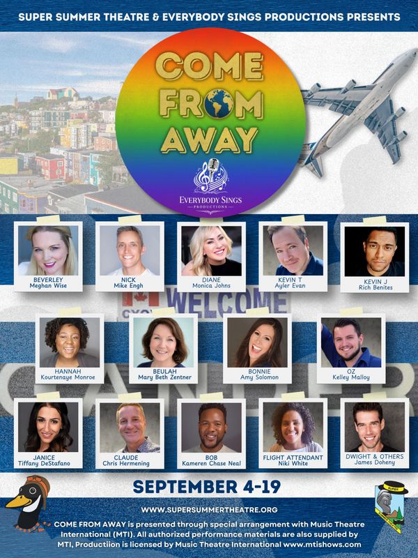 Poster for 'Come From Away' summer theatre production with cast photos and show dates.