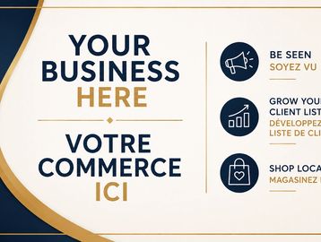 Business advertisement template in English and French promoting visibility, client growth, and local shopping.