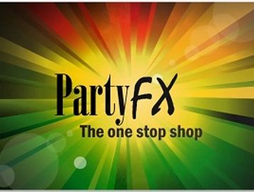 PartyFX logo with colorful burst background.