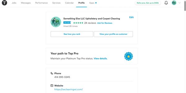 Screenshot of a business profile for Something Else LLC Upholstery and Carpet Cleaning.