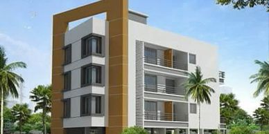 Modern four-story residential building with balconies and palm trees.