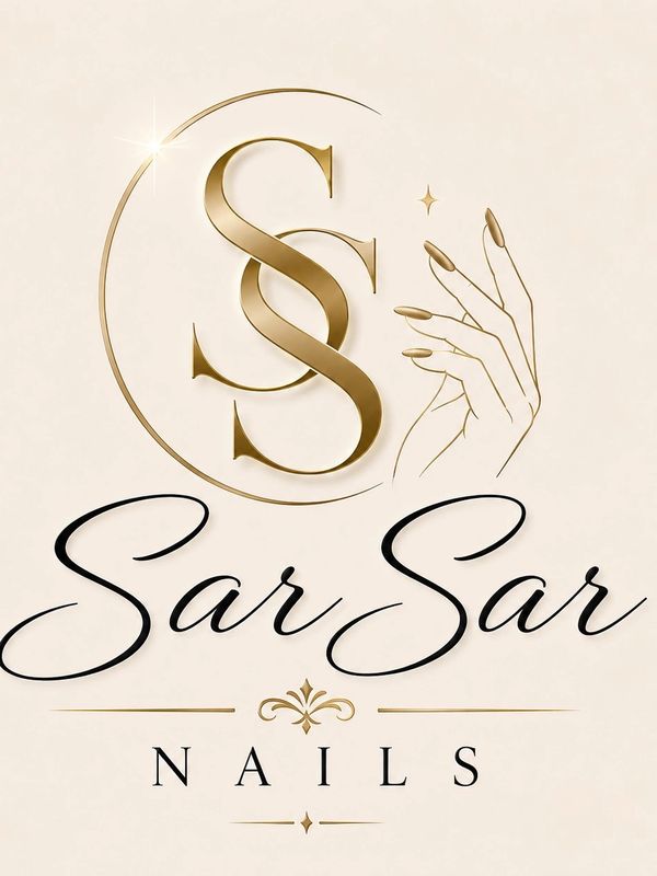 Elegant SarSar Nails logo with gold accents and manicured hand illustration.