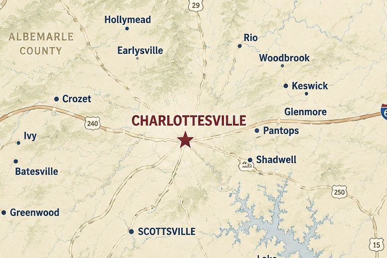 Map showing Charlottesville and nearby towns in Albemarle County.