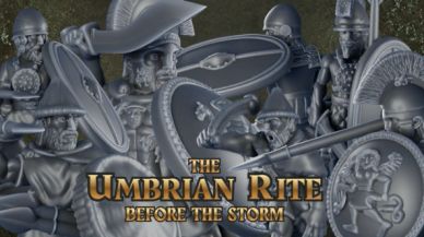 Game title screen with ancient soldiers and shields.