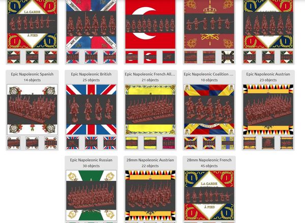 Various Napoleonic miniature figures sets with flags and objects.