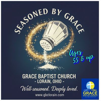 Logo for Grace Baptist Church featuring a salt shaker and the phrase 'Seasoned by Grace'.