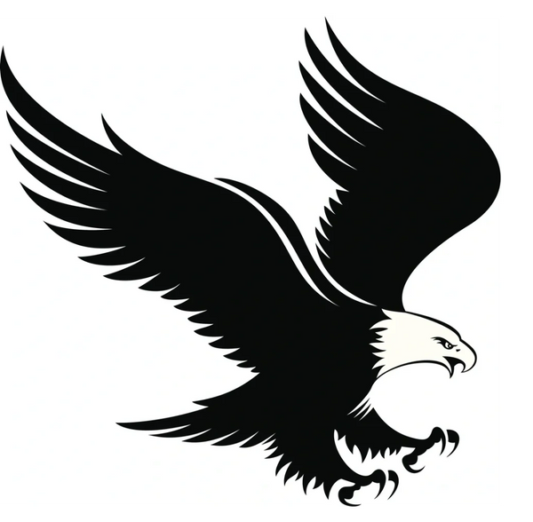 Black and white graphic of an eagle in flight with wings spread wide.