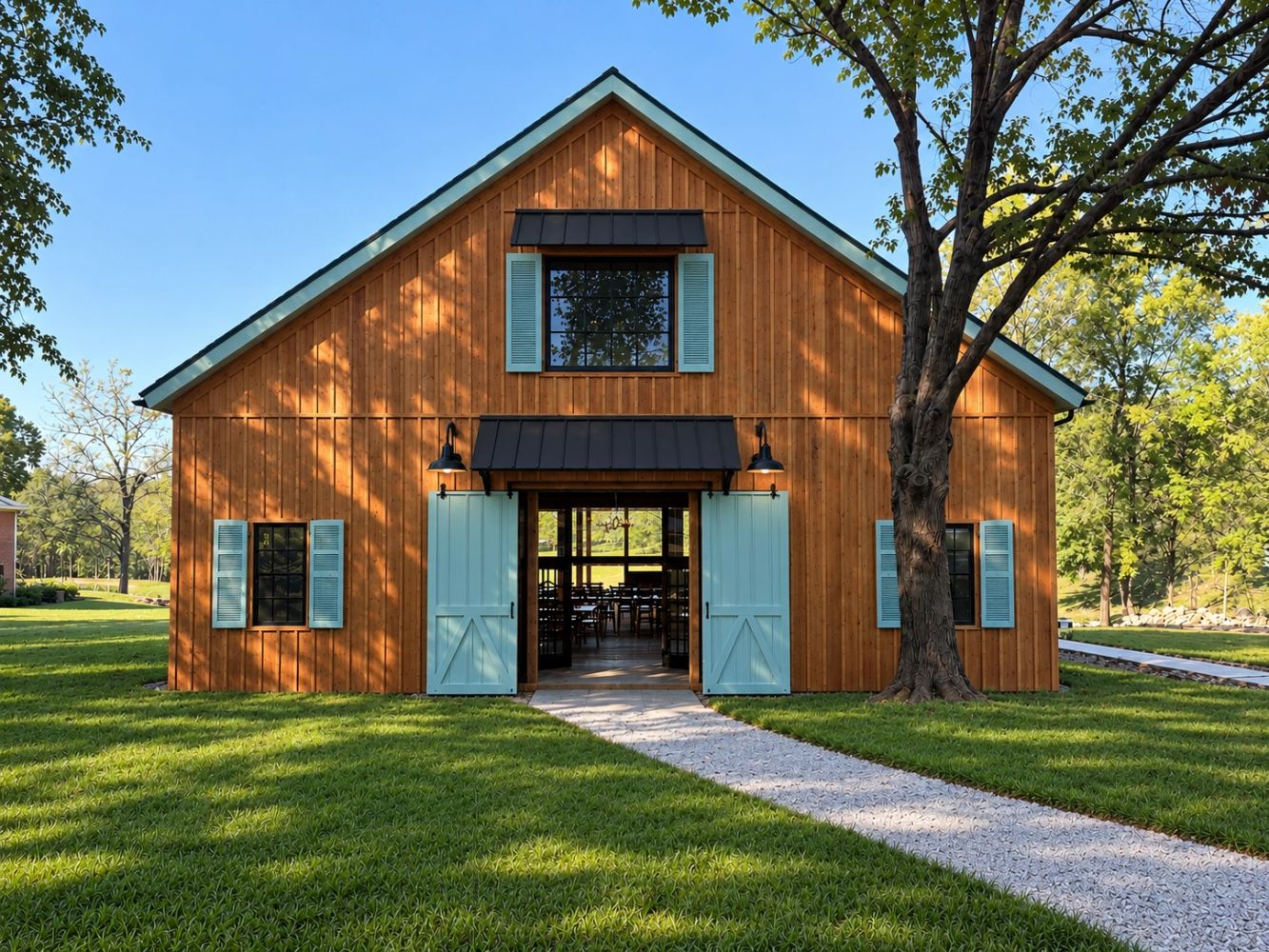 Rustic wooden barn with blue shutters and open doors.