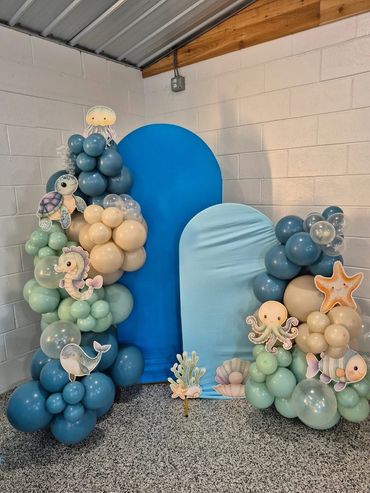 Balloon display for an ocean themed baby shower