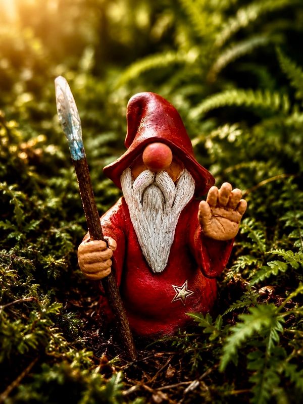 Gnome statue with a red hat and staff in greenery.