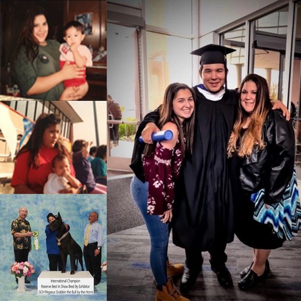 A collage showing family moments and a graduation celebration.