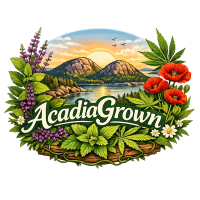 Logo featuring a scenic mountain landscape surrounded by lush plants and flowers.