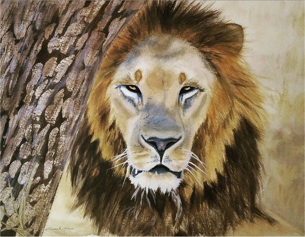 Close-up painting of a lion with a thick mane.