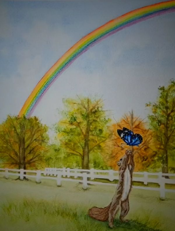 A chipmunk watches a blue butterfly under a bright rainbow.