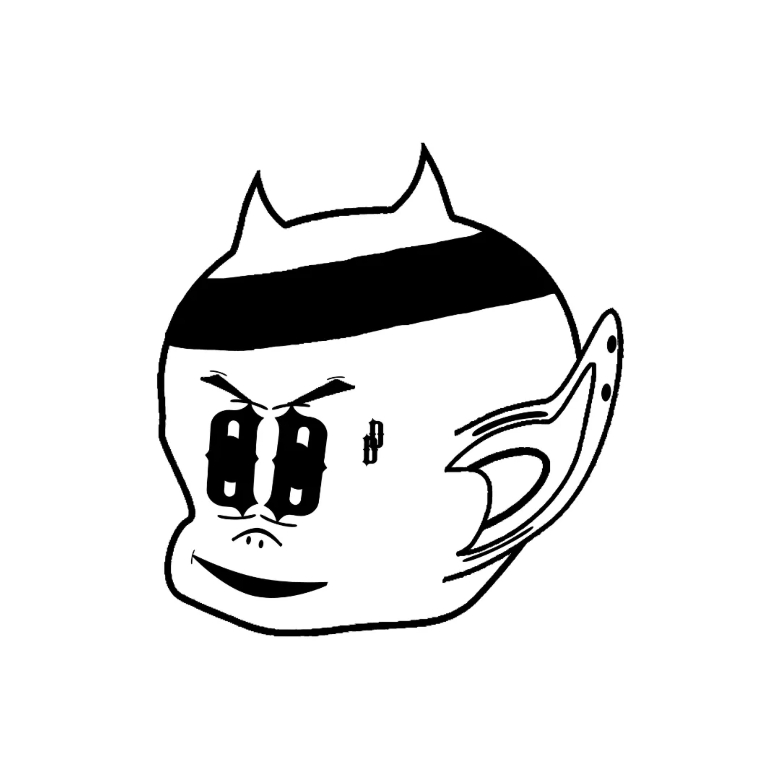 Dare and Defy Insignia: Black and white cartoon devil head with face tattoo, piercings and headband 