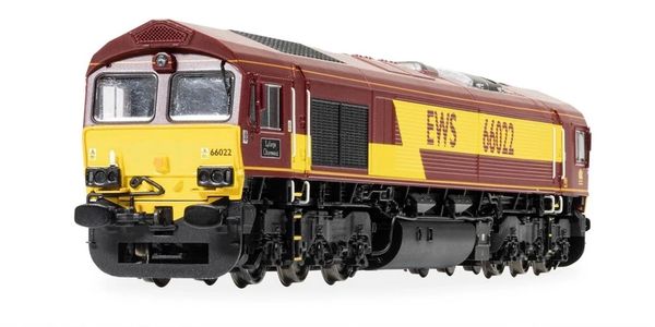 A detailed model of an EWS 66022 locomotive train in maroon and yellow.