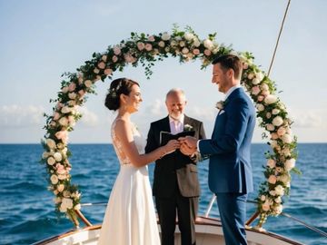 Couple exchanging rings during a seaside wedding ceremony under a floral arch.