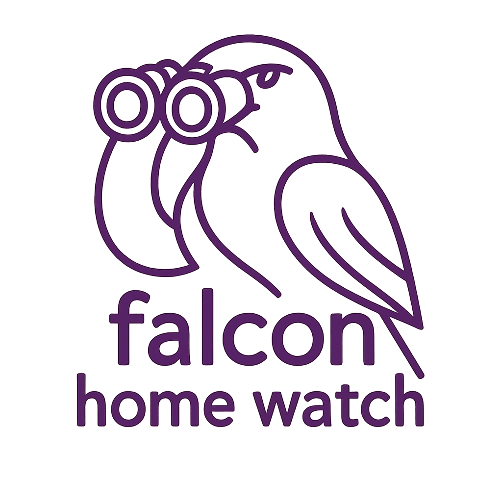 Purple line art logo of a falcon with binoculars and text 'falcon home watch'.