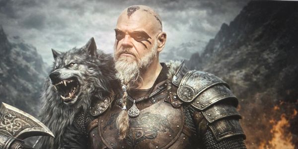 A fierce warrior with a wolf companion in dark armor and war paint.
