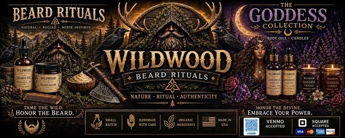Wildwood Beard Rituals and Goddess Collection with natural, handmade grooming products and candles.