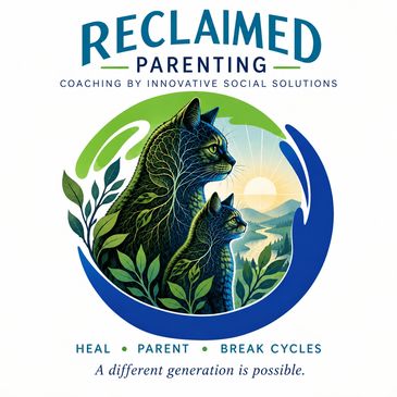 Logo of Reclaimed Parenting with green cats and a landscape.