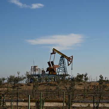 Oil pumpjack in a field under clear sky.