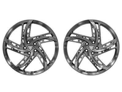 Two sleek, modern alloy car wheels with a dark metallic finish and intricate spoke design.