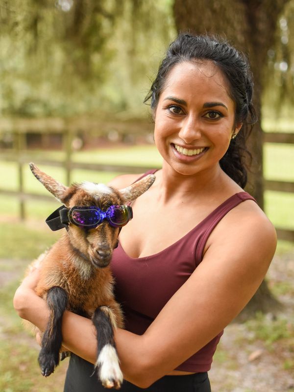 Yoga instructor with goat during goat yoga class in Orlando Florida at Oak Aged Farm