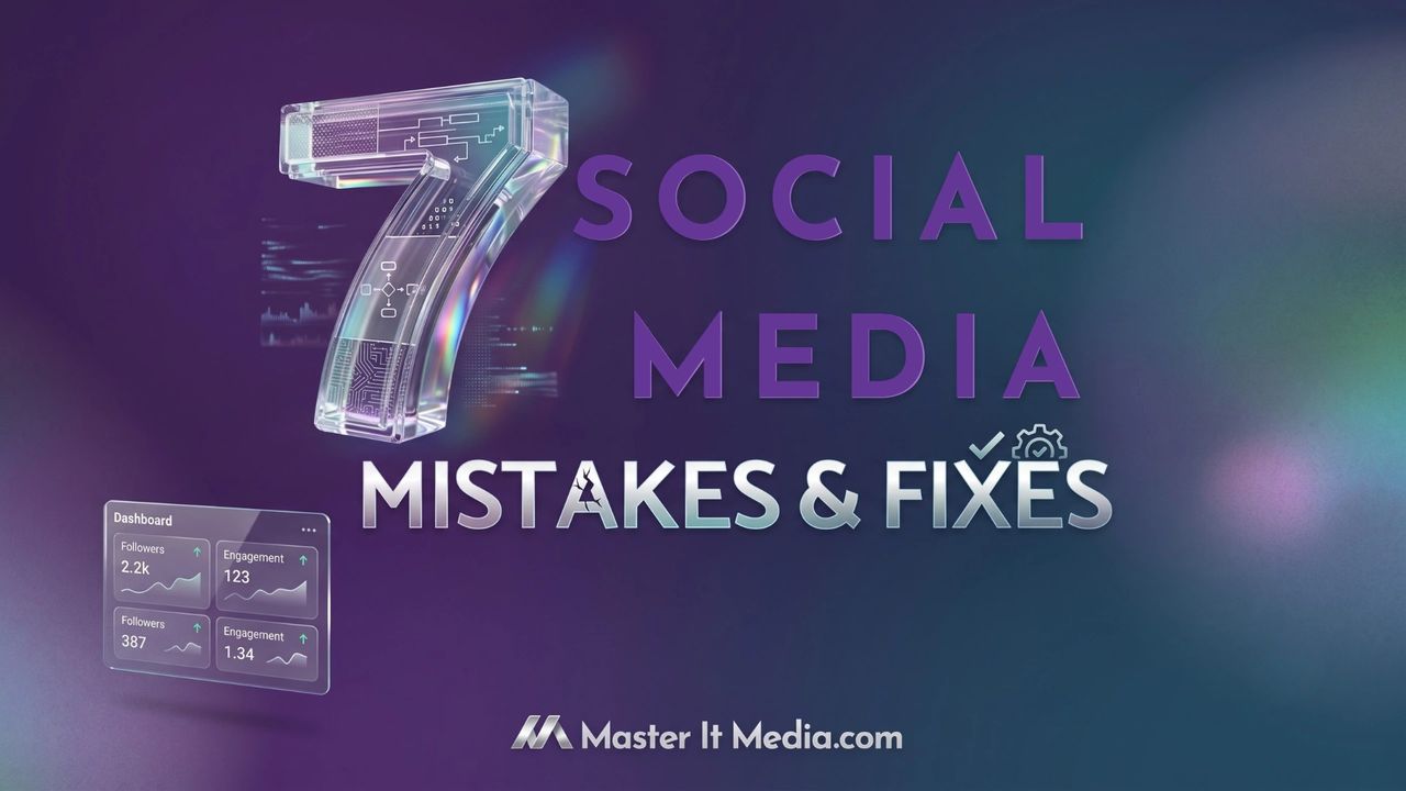 A modern purple and teal branded header image evaluating social media performance and content strategy. The image represents common social media mistakes, content optimization, audience engagement, analytics tracking, and business growth through smarter marketing practices.
