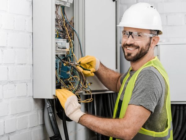 smiling handsome electrician repairing electrical box with pliers in corridor and looking at camera
