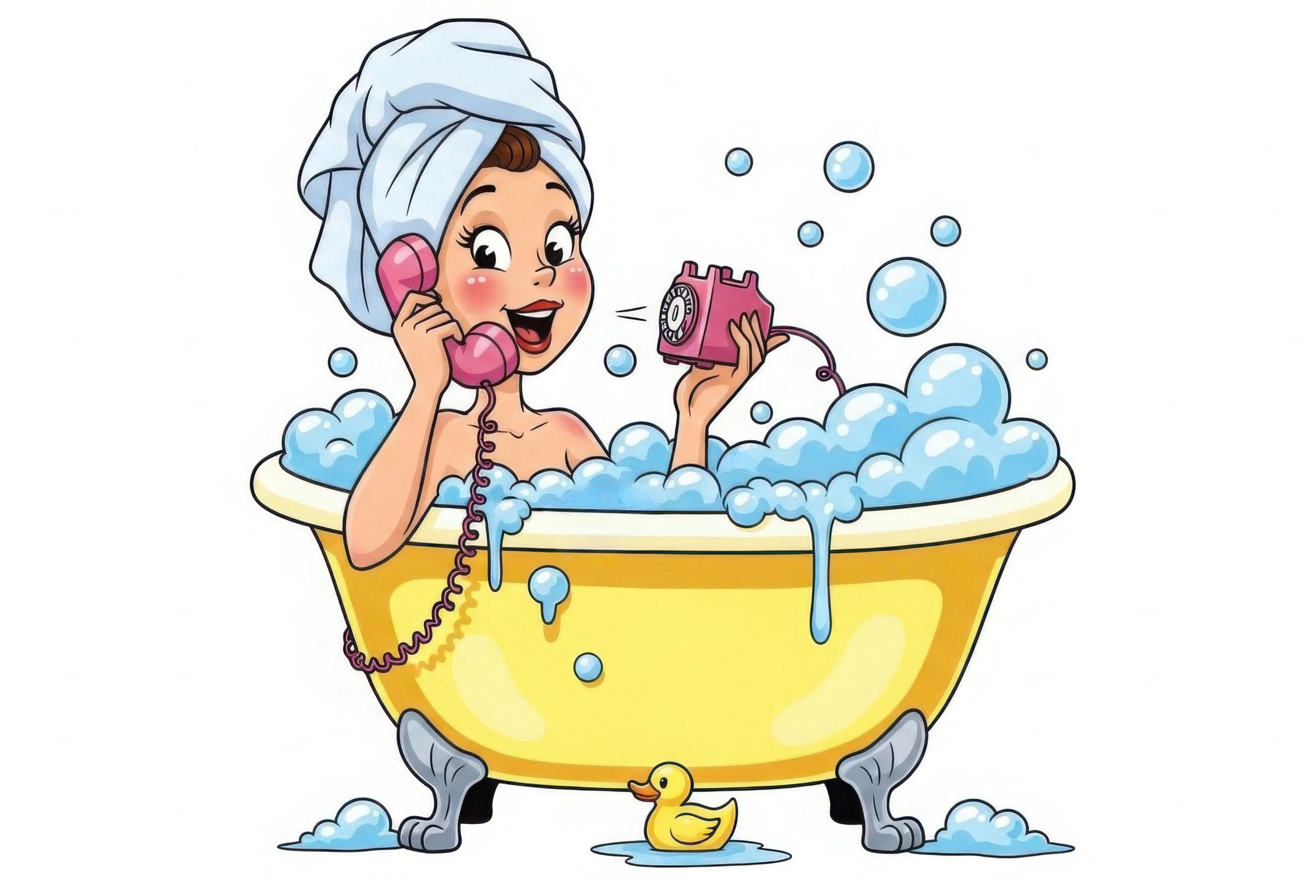 A cartoon of a woman in a bubble-filled bathtub answering a call on an old telephone.