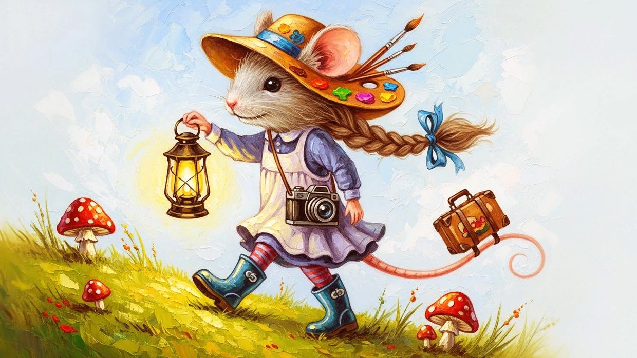 A cute mouse with a hair braid carrying a lantern, a camera, a suitcase, and artist paintbrushes.